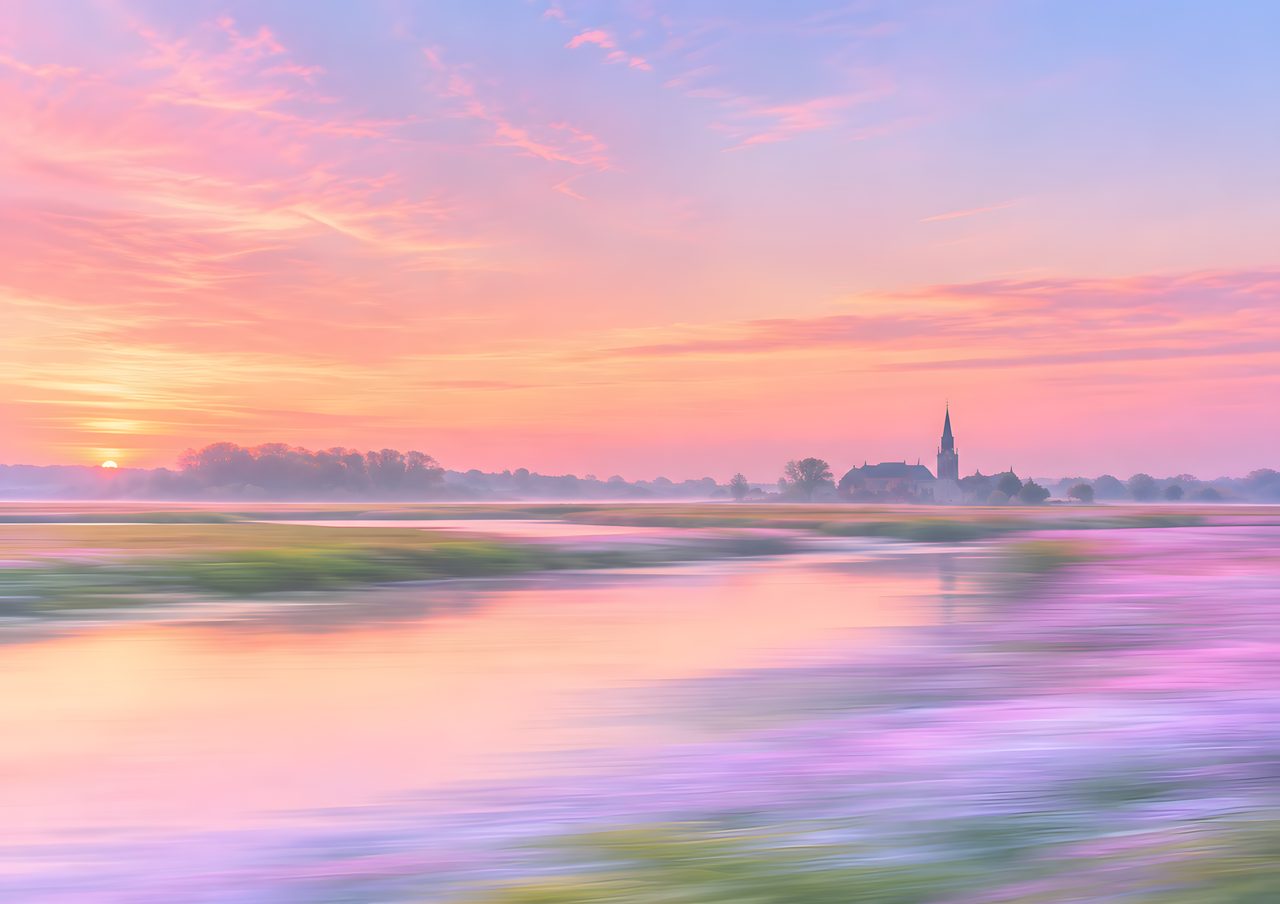 Kerkdorp aan een rivier in de Nederlandse polder bij zonsopkomst