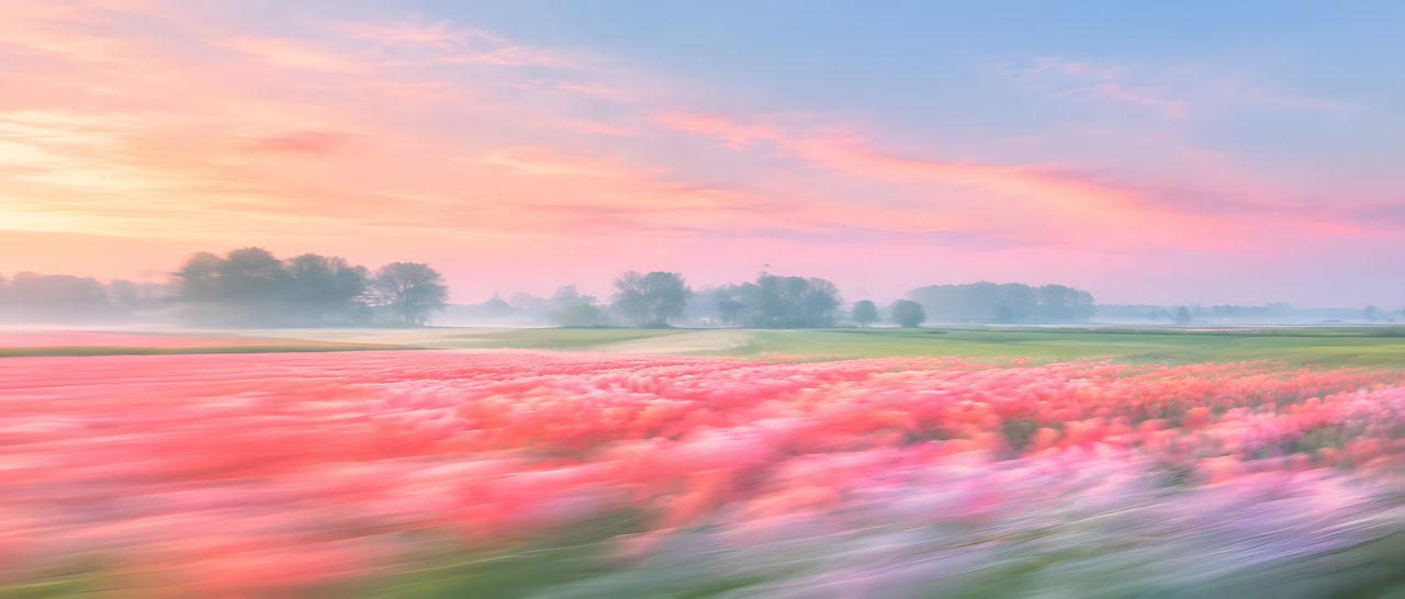 Tulpenveld met bomen in de ochtendnevel